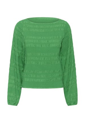 Zöld, texturált, hosszú ujjú blúz vízszintes ráncolt csíkokkal és kerek nyakkivágással.