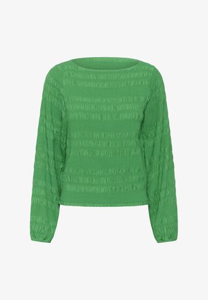 Žalia tekstūruota ilgomis rankovėmis palaidinė su horizontaliomis raukinėtomis juostelėmis ir apvalia iškirpte.