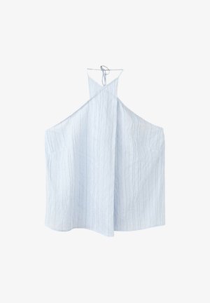 Haut sans manches bleu clair à fines rayures blanches verticales avec fermeture par nouage au niveau du cou.
