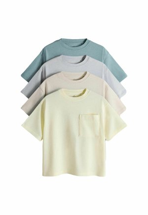 Four short-sleeve T-shirts stacked, featuring a light blue, gray, pale pink, and pale yellow color. Each has a chest pocket and a soft texture.