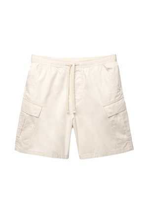 Férfi bézs cargo nadrág, könnyű anyagból készült. Rugalmas derékrésszel, húzózsinórral és két oldalzsebbel rendelkezik, amelyek fedéllel vannak ellátva.