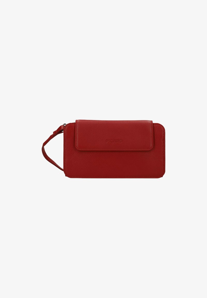 Red leather wallet with a smooth texture, a flap closure, and a wrist strap. Subtle branding embossed on the front. Rectangular shape.