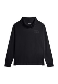 Pullover nero a maniche lunghe con collo alto, realizzato in tessuto liscio; presenta un dettaglio del logo con una texture sottile sul davanti.