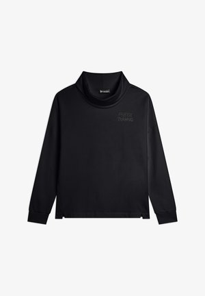 Pullover nero a maniche lunghe con collo alto, realizzato in tessuto liscio; presenta un dettaglio del logo con una texture sottile sul davanti.