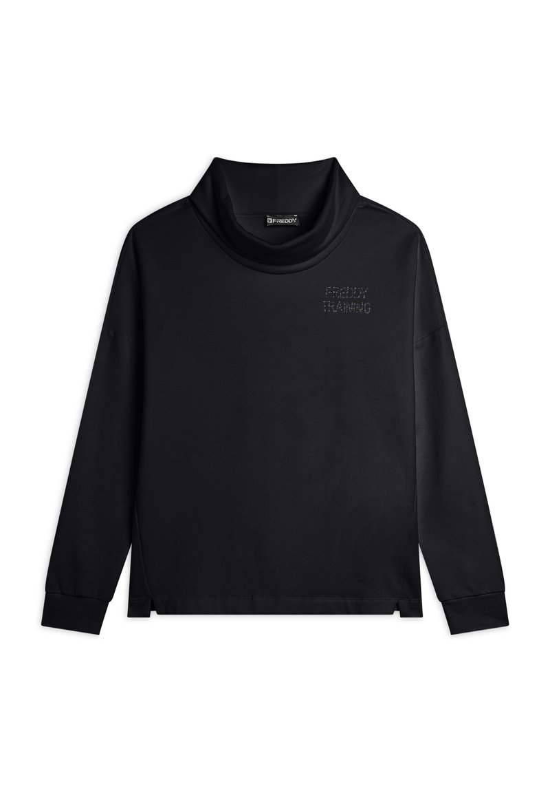 Pullover nero a maniche lunghe con collo alto, realizzato in tessuto liscio; presenta un dettaglio del logo con una texture sottile sul davanti.