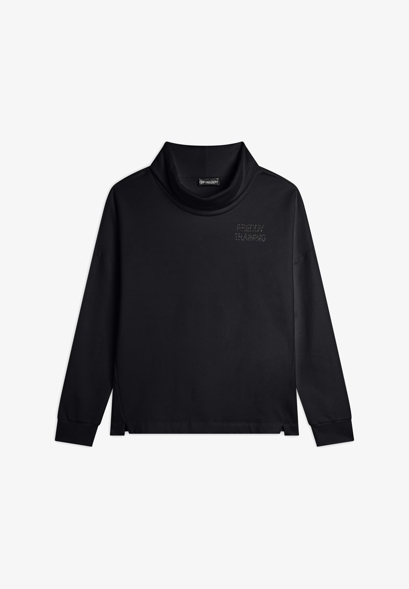 Pullover nero a maniche lunghe con collo alto, realizzato in tessuto liscio; presenta un dettaglio del logo con una texture sottile sul davanti.