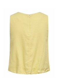 Haut sans manches jaune clair avec un col rond et une fermeture éclair au dos, fabriqué en tissu doux.