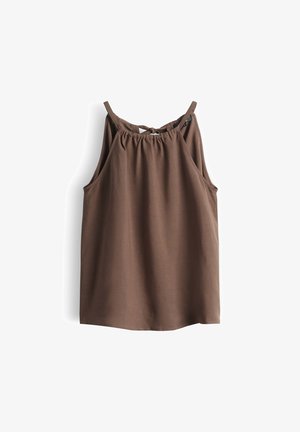 Mouwloze bruine top met geplooide halslijn en dunne schouderbandjes, plat hangend tegen een witte achtergrond.