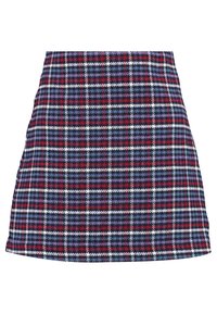 Ull pläd minikjol som har blå, röda och vita rutig mönster. Rak skärning med en något utställd fåll och slät textur.