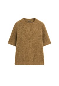Maglione marrone lavorato a maglia con scollatura tonda, maniche corte e una finitura morbida e testurizzata. Il design presenta una vestibilità rilassata.