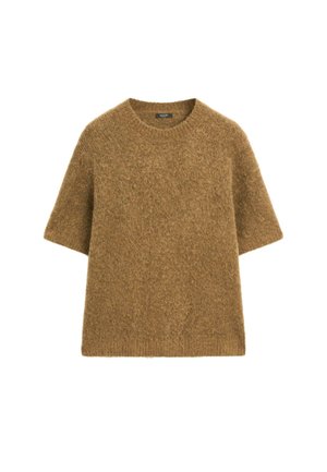 Maglione marrone lavorato a maglia con scollatura tonda, maniche corte e una finitura morbida e testurizzata. Il design presenta una vestibilità rilassata.