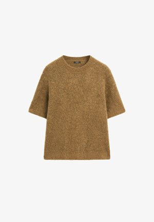 Brauner Strickpullover mit rundem Halsausschnitt, kurzen Ärmeln und einer weichen, strukturierten Oberfläche. Das Design bietet eine lockere Passform.