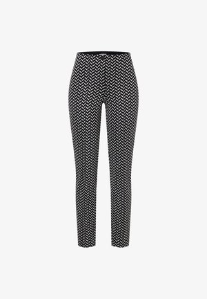 Pantalon noir coupe slim avec un motif en grille diagonale blanche et une fermeture à bouton sur le devant.