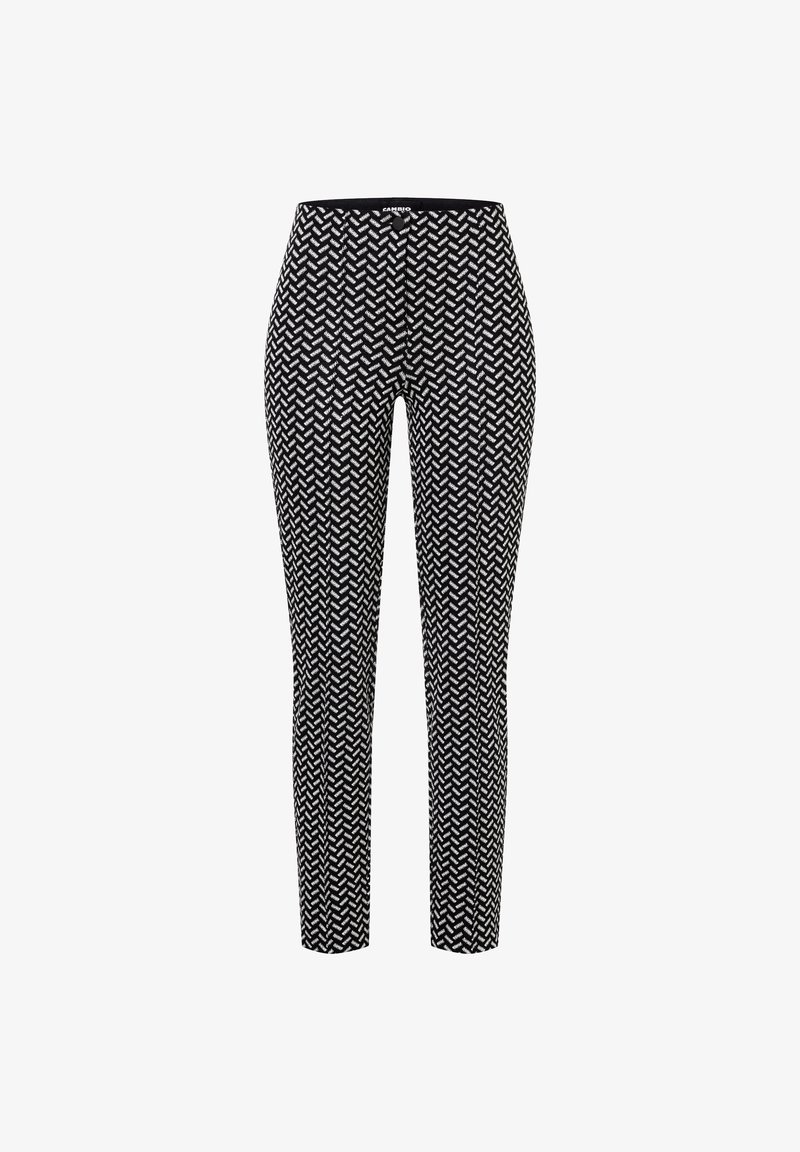 Pantalon noir coupe slim avec un motif en grille diagonale blanche et une fermeture à bouton sur le devant.
