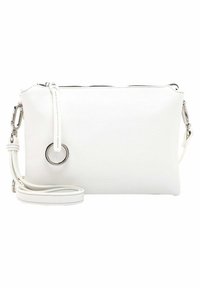Bolso de crossbody sintético blanco con cierre de cremallera, herrajes circulares de plata y correa ajustable y removible. Textura suave, diseño minimalista.