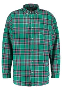 Camicia a quadri verdi con dettagli blu scuro, viola e bianchi, maniche lunghe, colletto con bottoni e una tasca sul petto. Materiale in cotone.