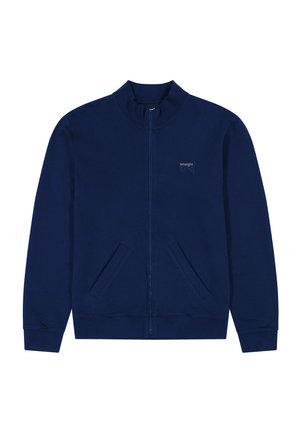 Marineblauer Sweatshirt mit Reißverschluss, hohem Kragen, Fronttaschen und einem dezenten Logo auf der Brust. Hergestellt aus einem glatten, weichen Stoff.