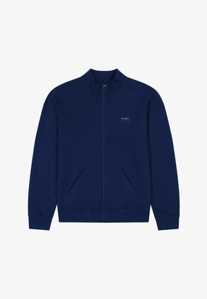 Hanorac albastru închis, cu fermoar, guler înalt, buzunare frontale și un logo discret pe piept. Confecționat dintr-un material neted și moale.