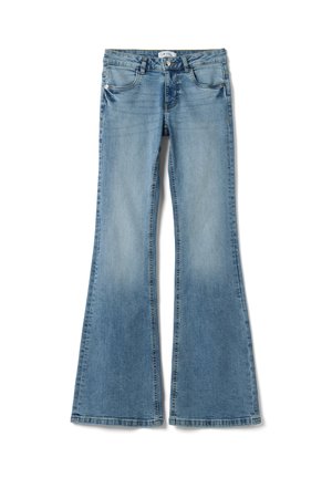 Jean en denim bleu avec taille haute et jambes évasées larges, bouton sur le devant, fermeture éclair et design à cinq poches.