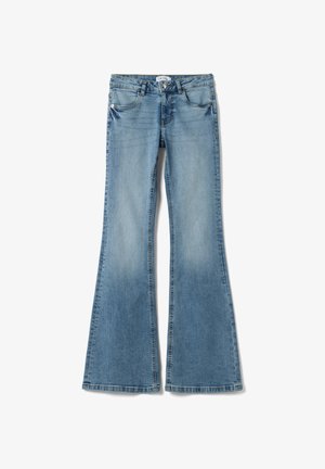 Jean en denim bleu avec taille haute et jambes évasées larges, bouton sur le devant, fermeture éclair et design à cinq poches.