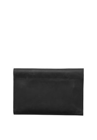 Black leather wallet with a minimalist design, featuring a fold-over flap and a smooth texture. No visible hardware or accents.