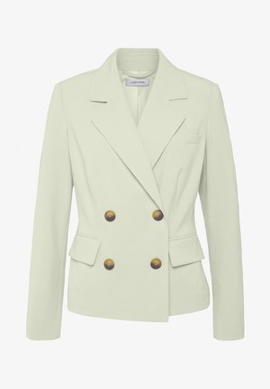 Dubbelzijdige blazer in lichtgroene stof, met bruine knopen, een geknipt kraag, twee voorkruisen en een enkele borstzak.