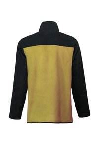 Die Fleecejacke hat einen schwarzen oberen Teil und einen verlaufenden gelben unteren Teil, mit hohem Kragen und langen Ärmeln, weicher Textur.