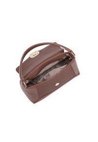 Borsa a mano in pelle marrone con un design strutturato, dotata di manico superiore, dettagli in oro e un interno con zip con un motivo foderato.