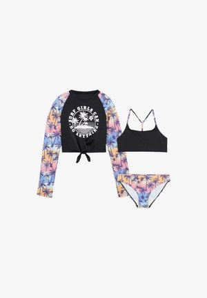 Top court noir à manches longues avec un motif de palmier multicolore. Accompagné d'un haut et d'un bas de bikini noirs avec des accents de palmier.