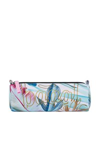 Astuccio con zip caratterizzato da un design astratto colorato, principalmente in tonalità pastello, con scritte dorate e una cerniera in tessuto rosa.