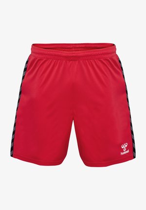 Röda sportshorts i lättviktsmaterial, med svarta chevronränder längs sidorna och midja med dragsko. Logotyp visas.