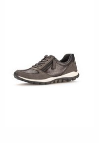 Grijze sportieve schoenen van suede en sprankelend materiaal, met een ritsluiting, veters en een gevoerde zool voor comfort.