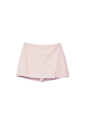 Light pink asymmetrical wrap mini skirt with a small side slit and hidden inner layer, displayed on a white background.