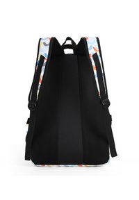 Black mesh backpack with colorful abstract patterns. Features padded straps and back for comfort, reinforced bottom, and adjustable side straps.