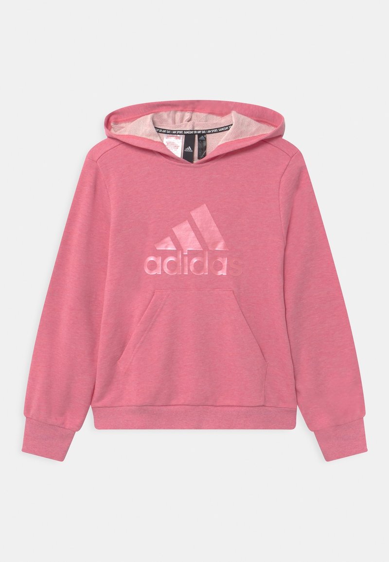Felpa rosa realizzata in morbido materiale, con tasca frontale e un grande logo "adidas" in rilievo sul petto. Comprende un cappuccio con cordino.