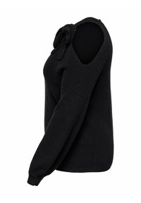 Pull en tricot noir avec un col rond et un design à épaules dénudées. Présente un détail en nœud sur l'épaule, des manches longues et des bords côtelés.