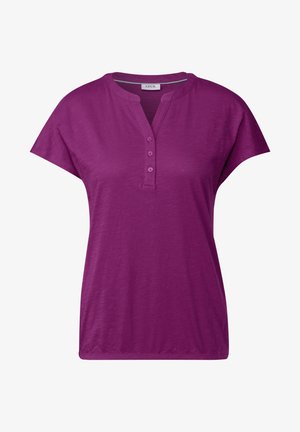 T-shirt viola a maniche corte con scollatura rotonda e patta con 3 bottoni. Realizzato in materiale morbido, con una vestibilità casual e una texture liscia.