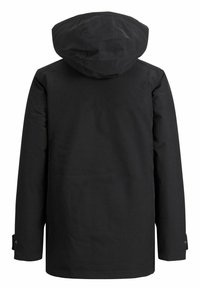 Veste imperméable noire à capuche, manches longues et poignets ajustables, vue de dos.