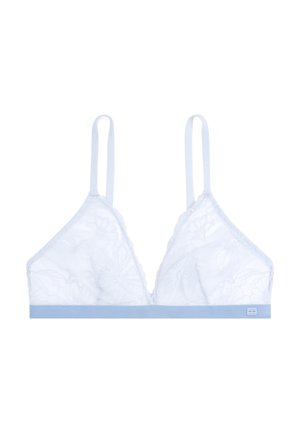 Világoskék csipke bralette virágmintával, állítható pántokkal és szilárd kék szalaggal az alján. Átlátszó anyag fokozza a textúrát.
