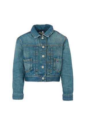 Veste en jean découpée de couleur bleu clair. Présente une fermeture à bouton à l'avant, deux poches poitrine et un col classique. Texture lisse, coupe standard.