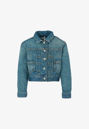 Giacca di jeans accorciata in azzurro chiaro. Presenta una chiusura frontale con bottoni, due tasche sul petto e un colletto classico. Tessuto morbido, vestibilità standard.