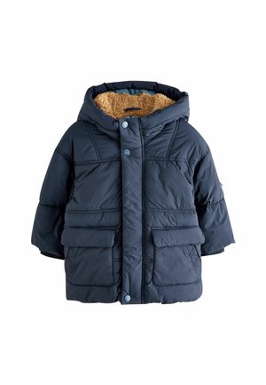 Donkerblauwe gewatteerde winterjas met capuchon, gevoerd met tan kunstbont, voorklappockets en knoopsluitingen.
