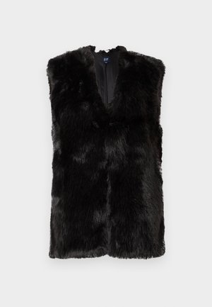 Schwarz ärmellose Kunstfellweste mit V-Ausschnitt und glatter Innenauskleidung, vor einem weißen Hintergrund präsentiert.