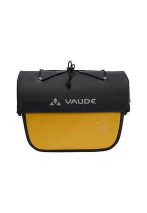 Borsa a tracolla Vaude nera e gialla con tessuto testurizzato, chiusura arrotolata, hardware con cordino e dettaglio stampato "RICICLATO".