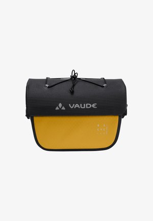 Schwarze und gelbe Vaude Messenger-Tasche aus strukturiertem Material, mit Rolltop-Verschluss, Kordelzug-Hardware und bedrucktem Detail "RECYCLED".