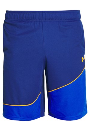 Modré sportovní šortky s elastickým pasem, žlutým lemováním a logem Under Armour na pravém stehně.
