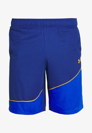 Modré sportovní šortky s elastickým pasem, žlutým lemováním a logem Under Armour na pravém stehně.