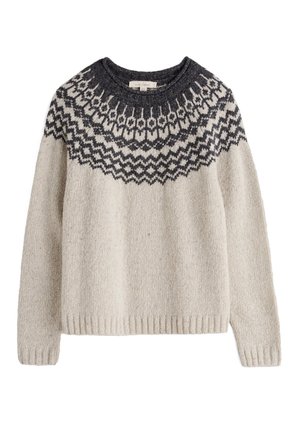 Vlněný svetr s krémovým tělem a černým geometrickým vzorem kolem průkrčníku a výstřihu, dlouhými rukávy, kulatým výstřihem, žebrovanými manžetami a lemem.
