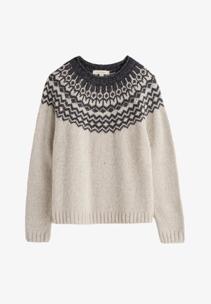 Wełniany sweter o kremowym korpusie z czarnym geometrycznym wzorem wokół kaptura i dekoltu, z długimi rękawami, okrągłym dekoltem oraz ściągaczami na mankietach i dole.