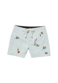 Light blue swim trunks with floral embroidery in red, green, and black. Features an elastic waistband with a drawstring and logo patch.